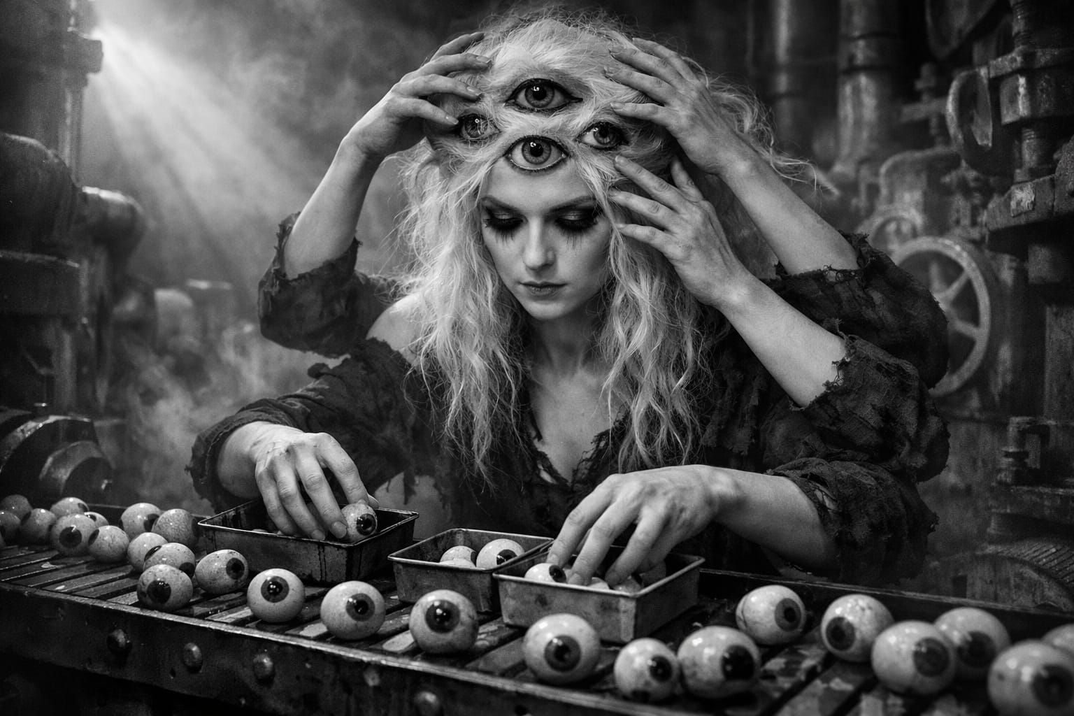 Surreal Portrait of White Haired Woman with Many Eyes and Ha...