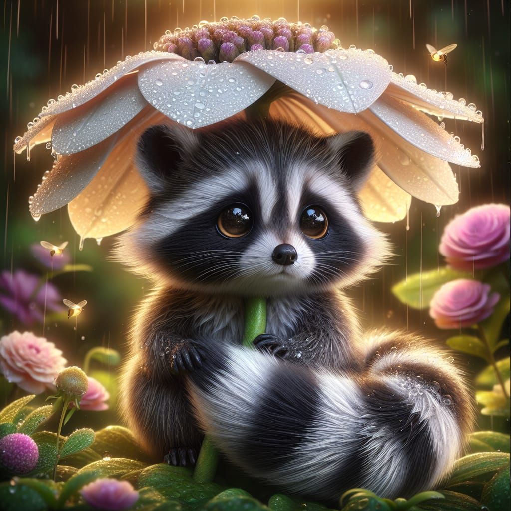 Raccoon Under Flower Umbrella: Hyper-Realistic Digital Art