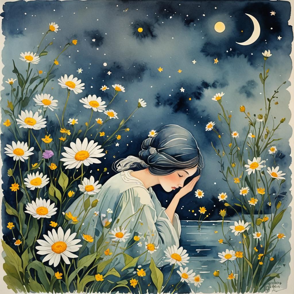 Ophelia Among Lilies in Gouache Watercolor