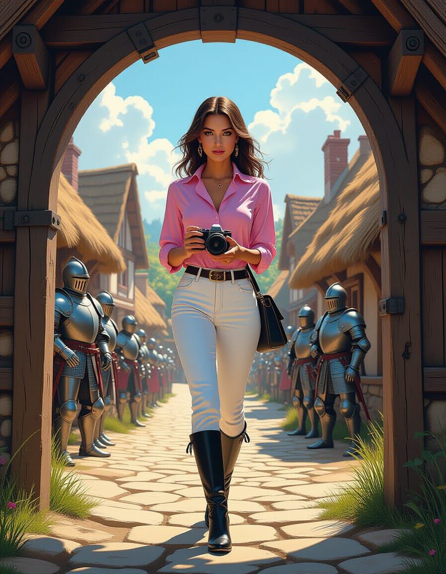 A beautiful woman, stepping through a glowing portal into a medieval village.....