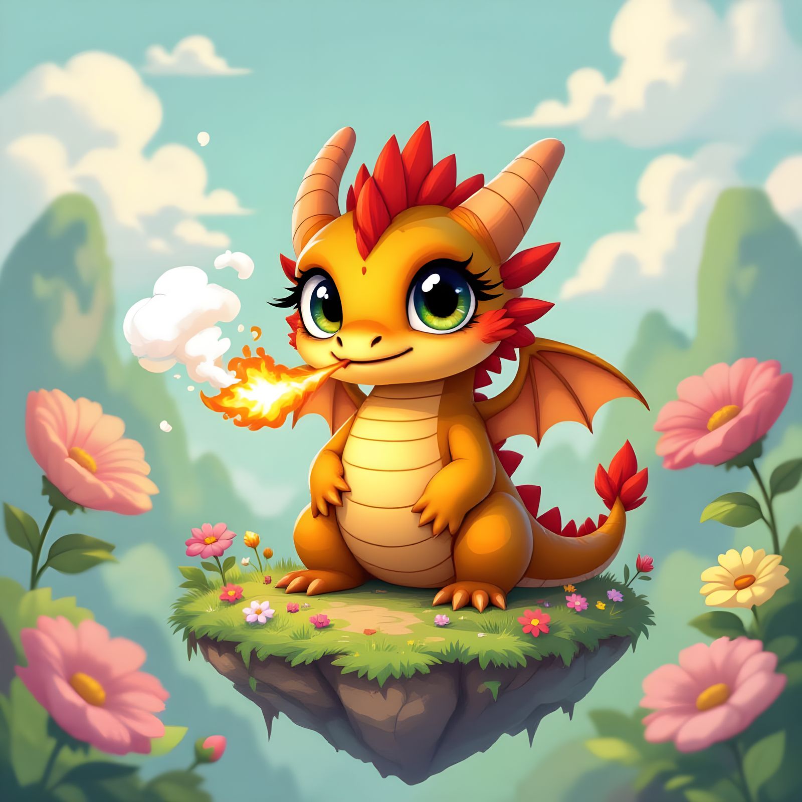 A frustrated baby dragon trying to breathe fire, but only managing a small puff of smoke, in a whimsical fantasy setting...