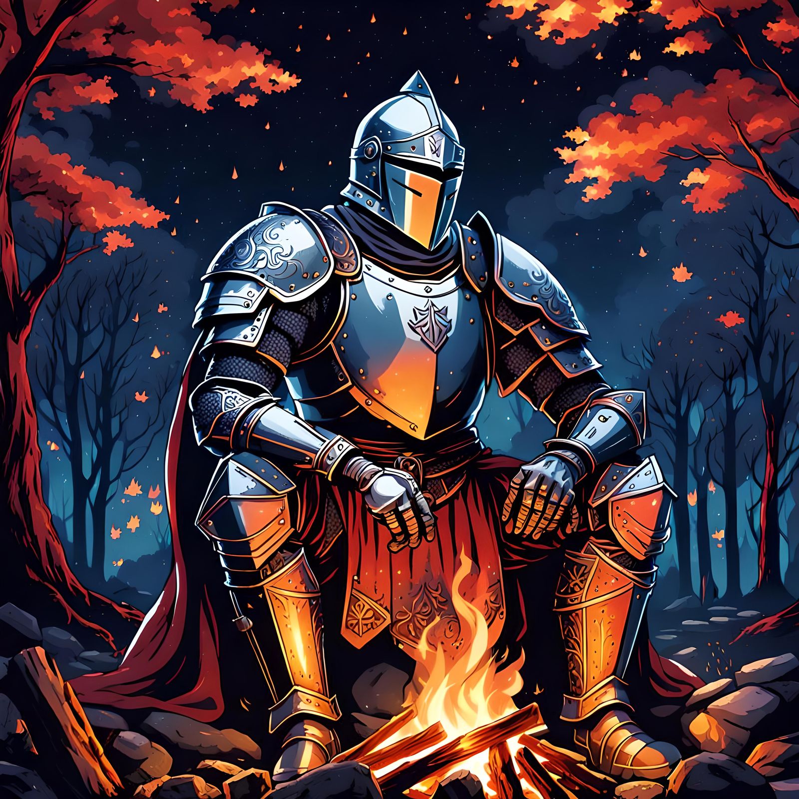 Knight at Campfire: Anime Cel-Shaded Illustration