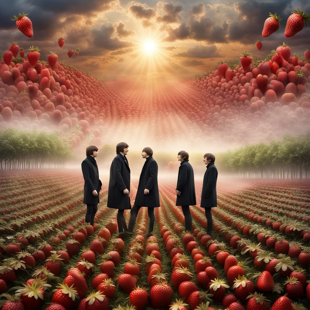 The Beatles Dance in Strawberry Field: Surreal Digital Art
