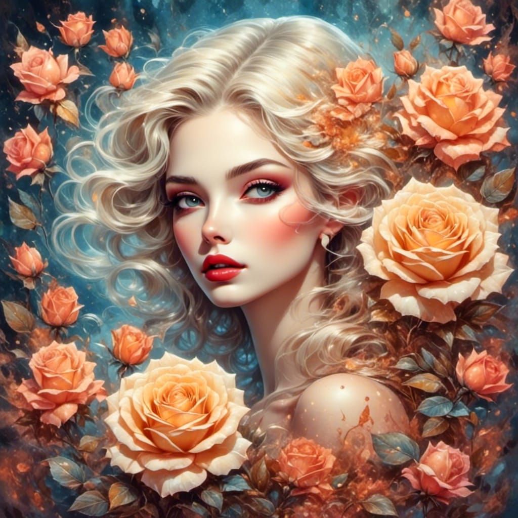 Ethereal Woman Emerging from Rose Bud in Watercolor