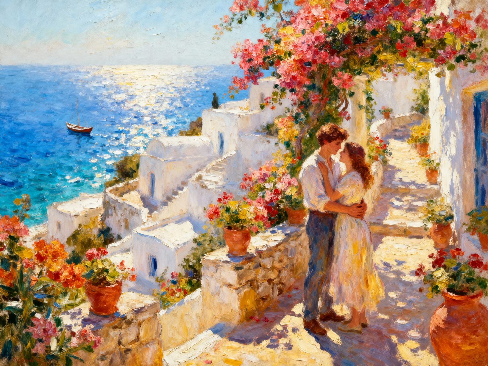 Joyful Couple Embracing on Sun-Drenched Mediterranean Terrac...