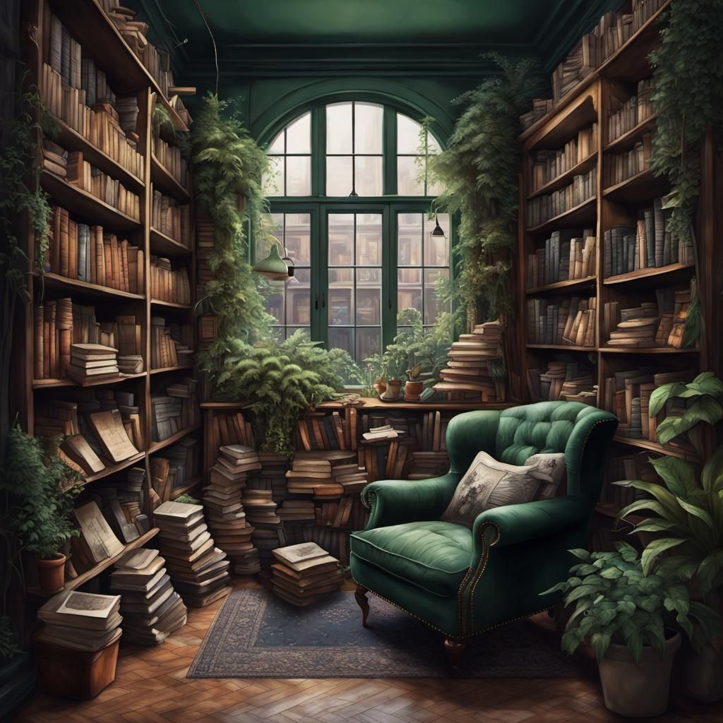 Moody Book Shop with Green Plants: Hyperrealistic Illustrati...