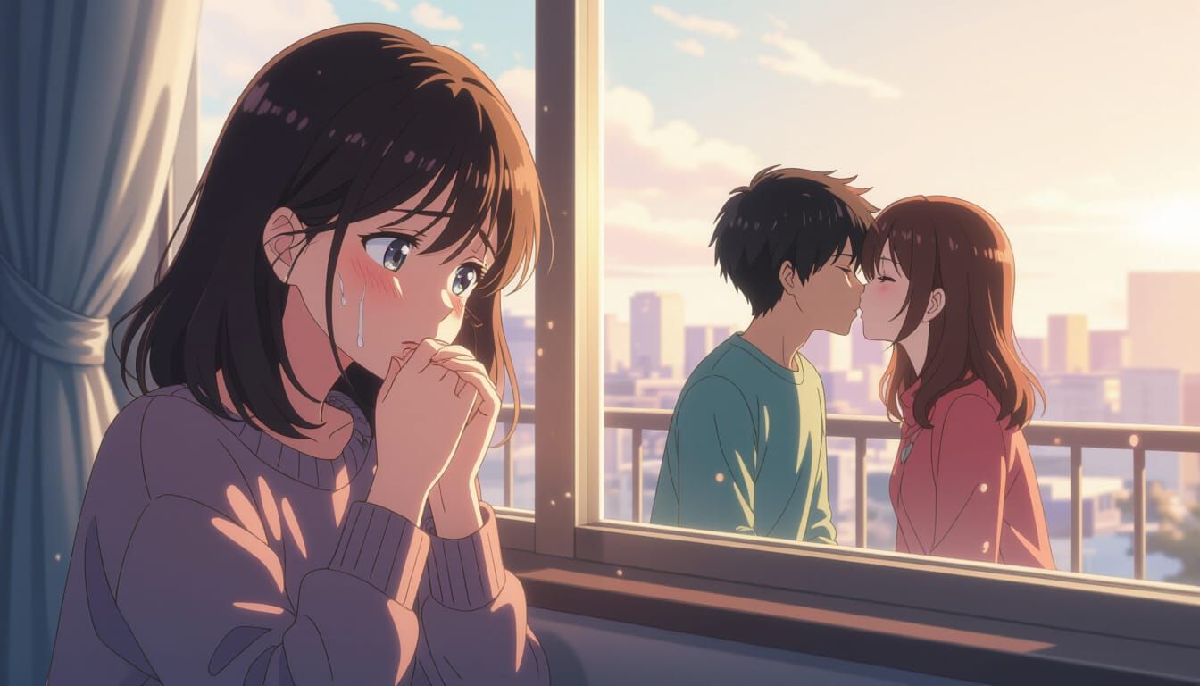 Heartbreak Scene: Young Woman Cries by Window