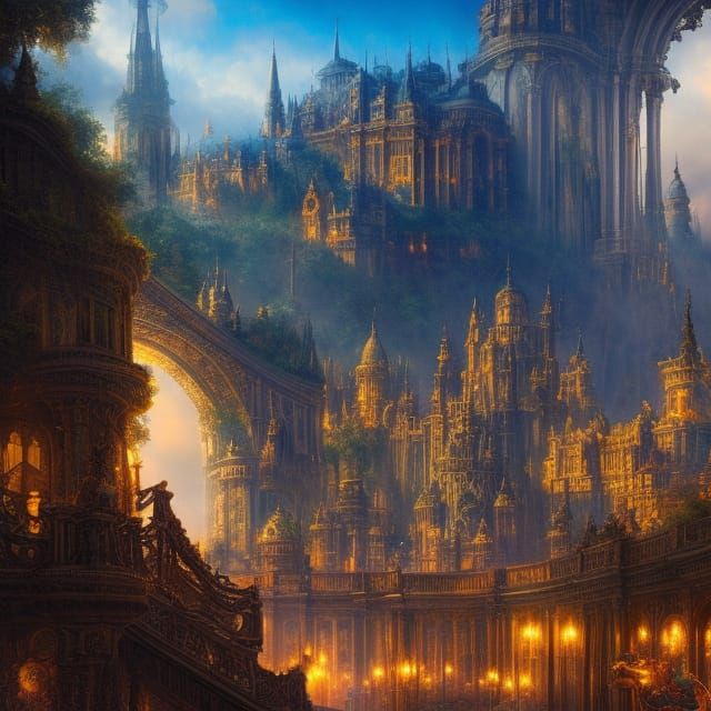 Sunlit kingdom through which you can see the masterful castle