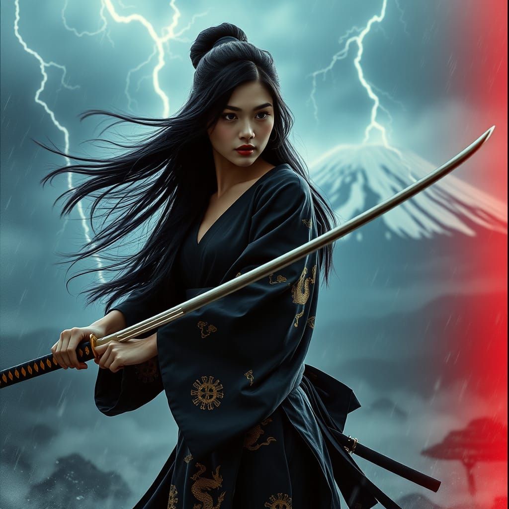 Elegant Woman with Katana in Thunderstorm, Cinematic Style