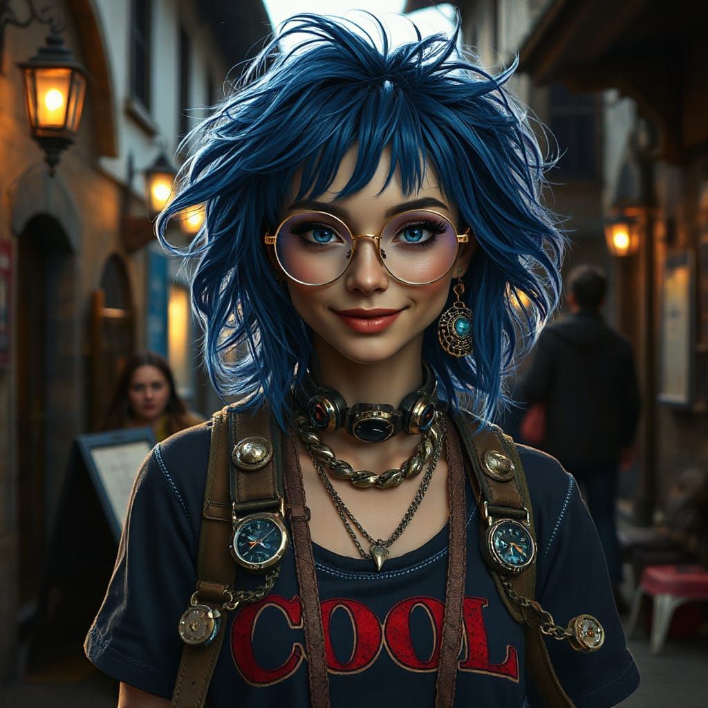 Hi-Tech Goddess in Medieval Street, Dystopian Art