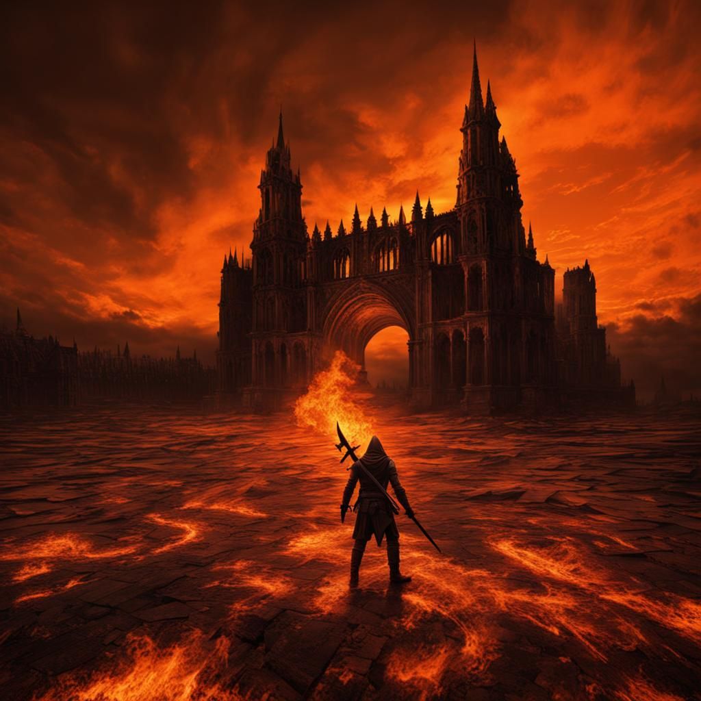 Dark Souls Warrior in Fiery Landscape