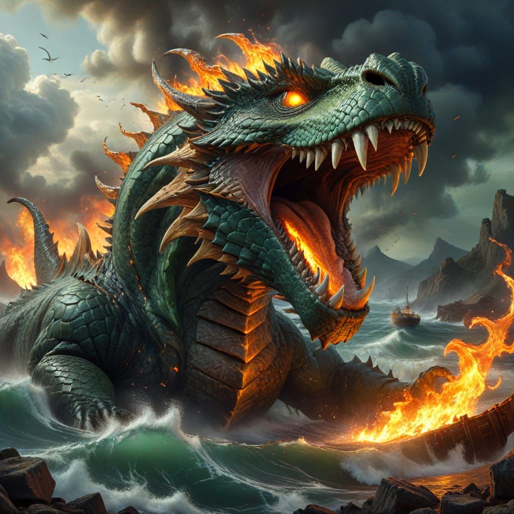 Giant Dragon Roars Over Burning Seascape