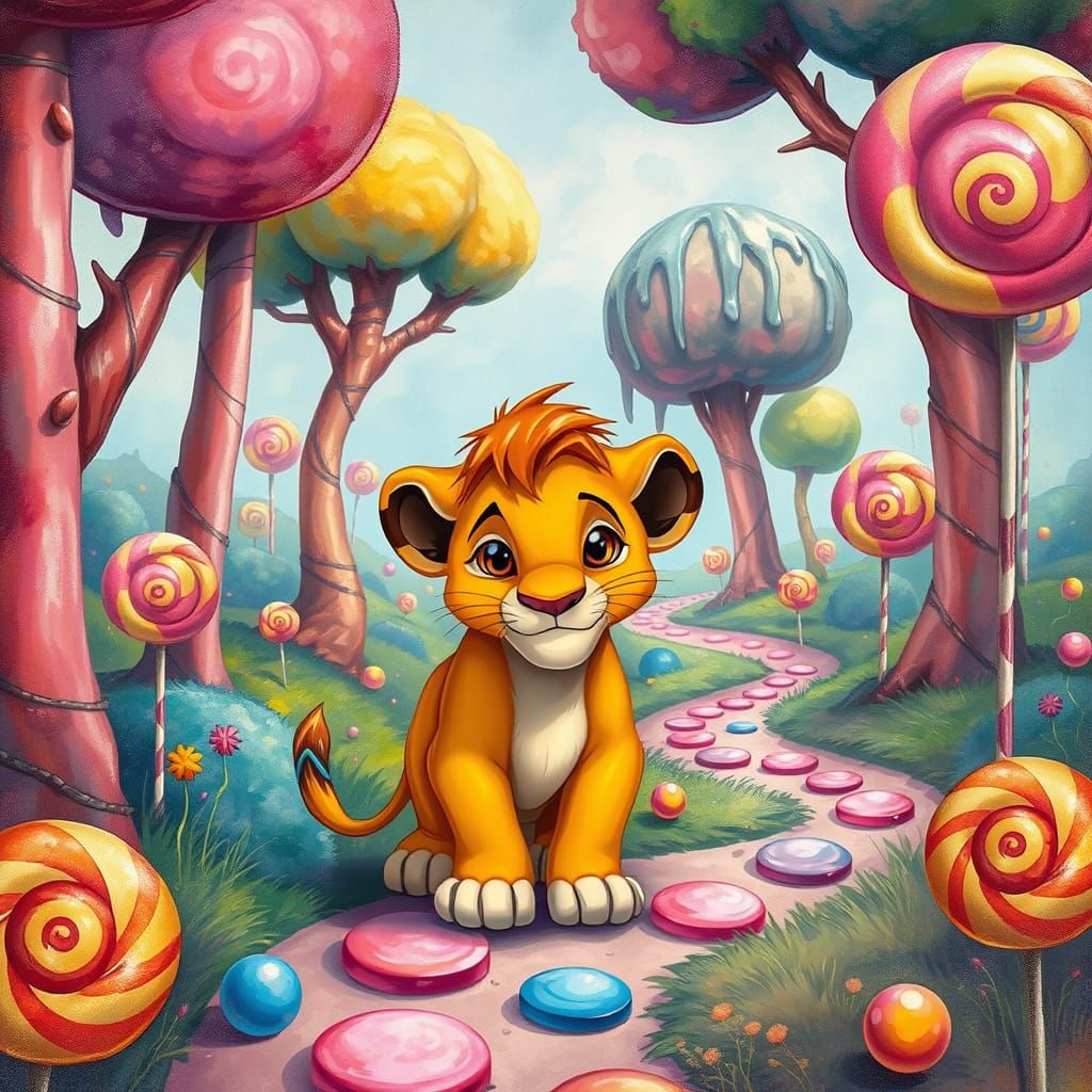 Small Simba in Whimsical Candyland Wonderland