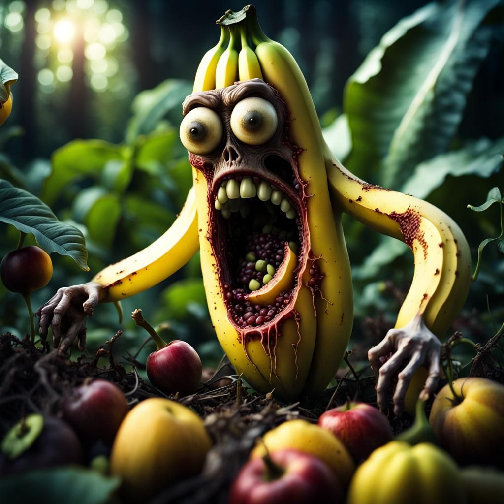 Zombie Banana Monster Portrait: Detailed Digital Painting