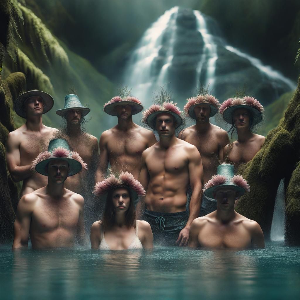 Fractal Waterfall Scene with Bathing Figures