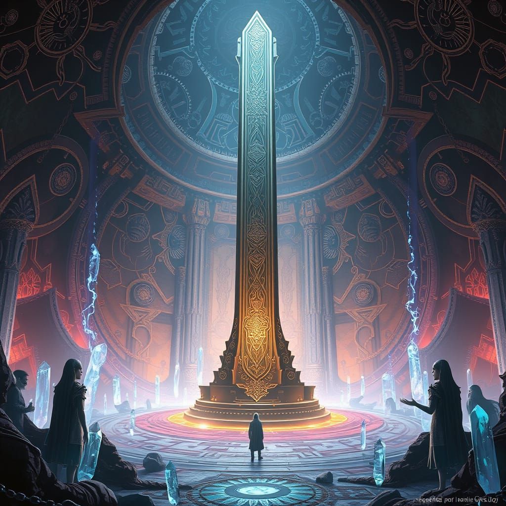 Luminescent Chamber with Dwemeri Artifacts in Retro-Futurist...