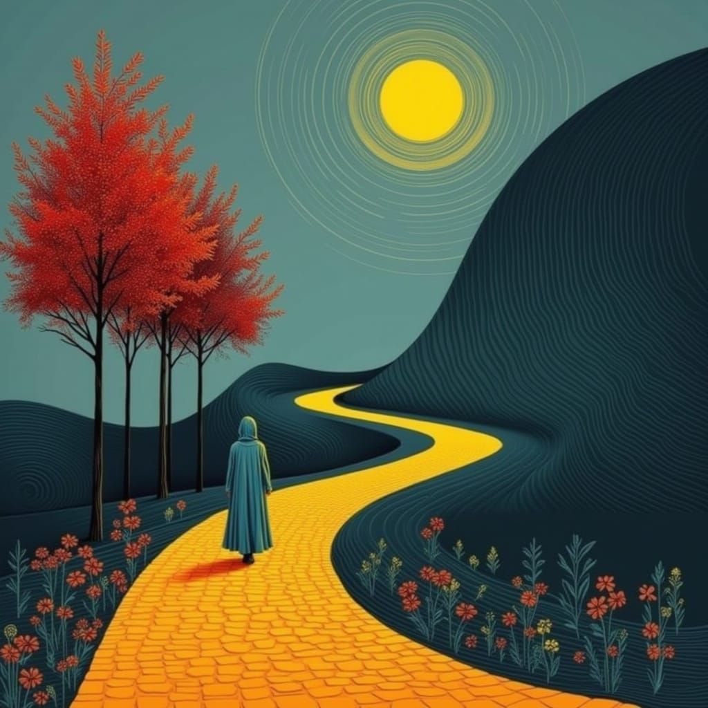 Surreal Landscape with Solitary Figure on a Golden Path