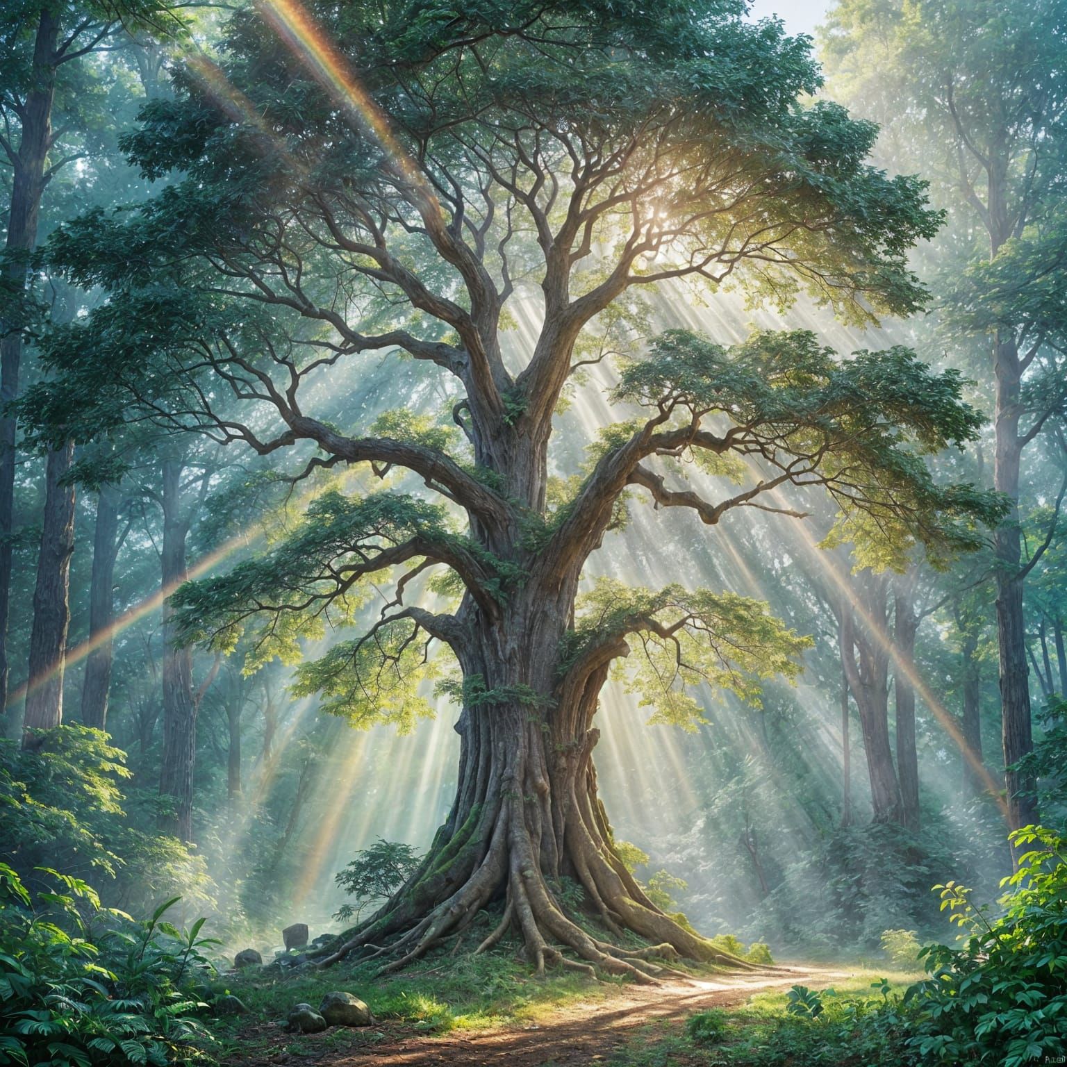 Prismatic Tree Refracts Light in Enchanted Glade