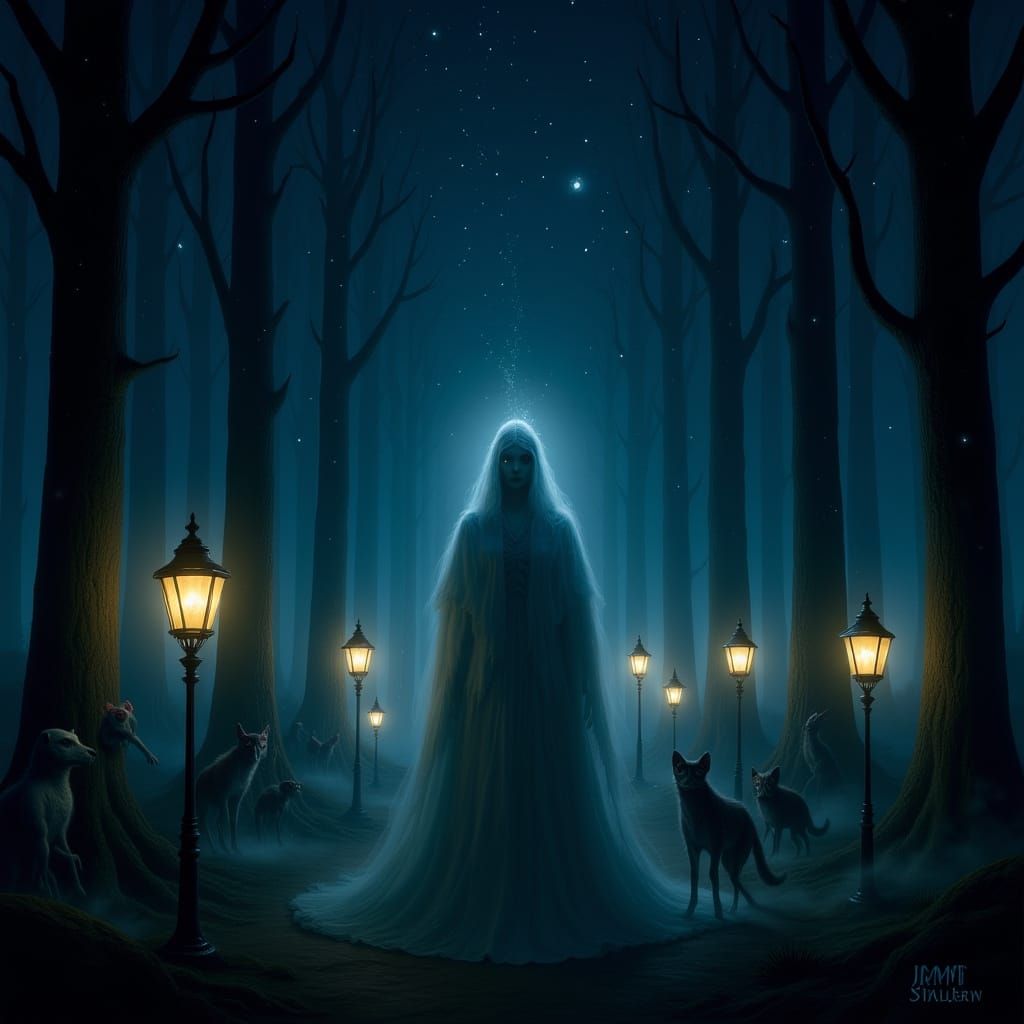 Mystical Foggy Forest Dreamscape with Magical Creatures