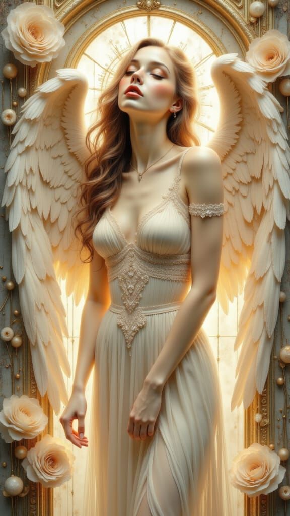 Serene Angelic Woman in Ivory Dress with White Roses