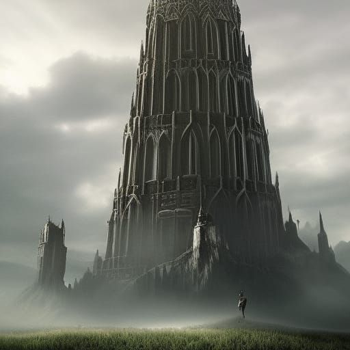Magic People Gather Around Dark Tower: Epic Digital Painting