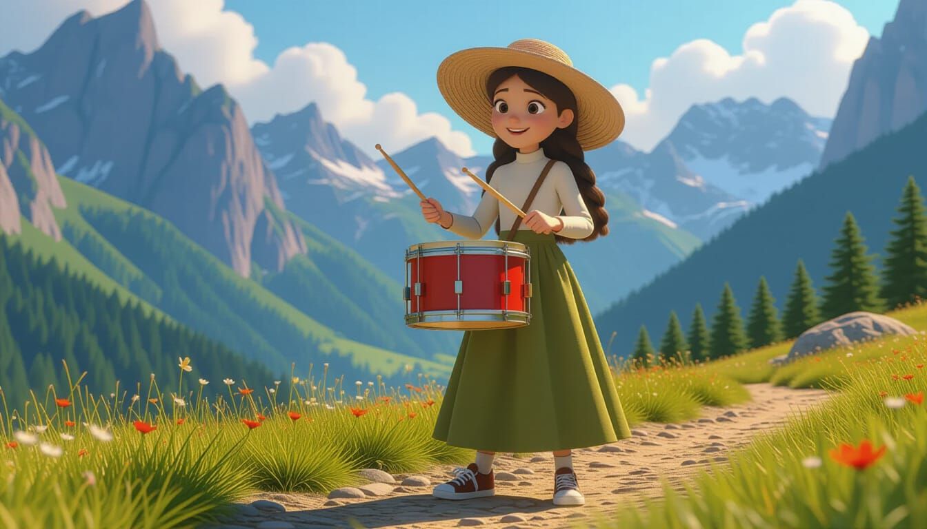 Animated Girl Drumming in Pixar-Style 3D Animation