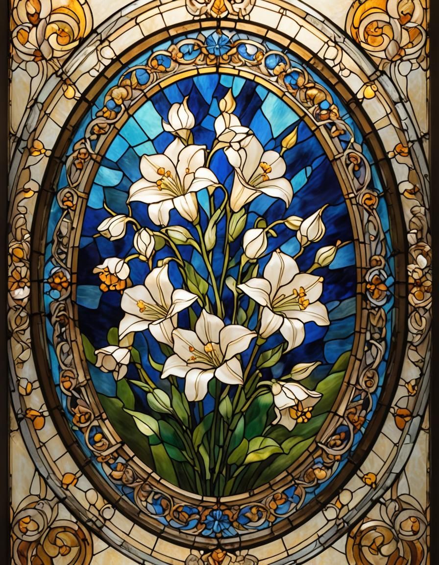 Stained Glass Canterbury Bells in Ornate Frame