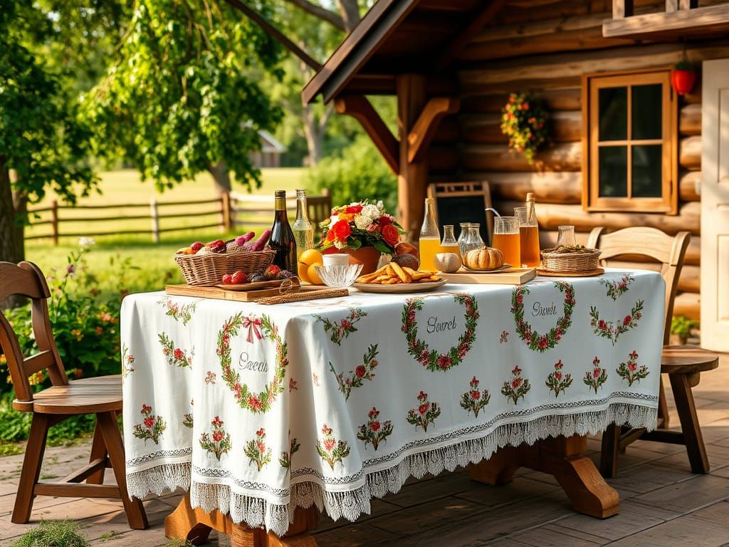 Victorian Outdoor Scene with Embroidered Tablecloth