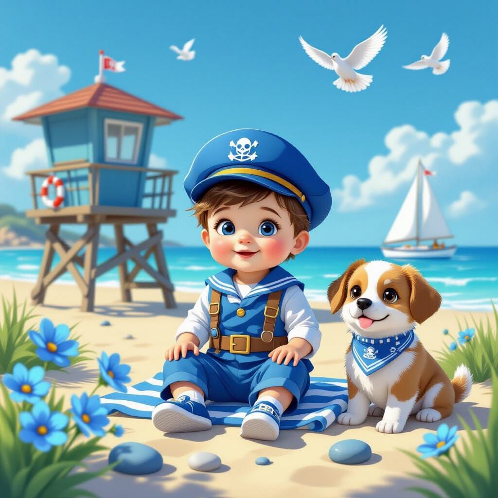 Young Captain and Dog on Blue Beach