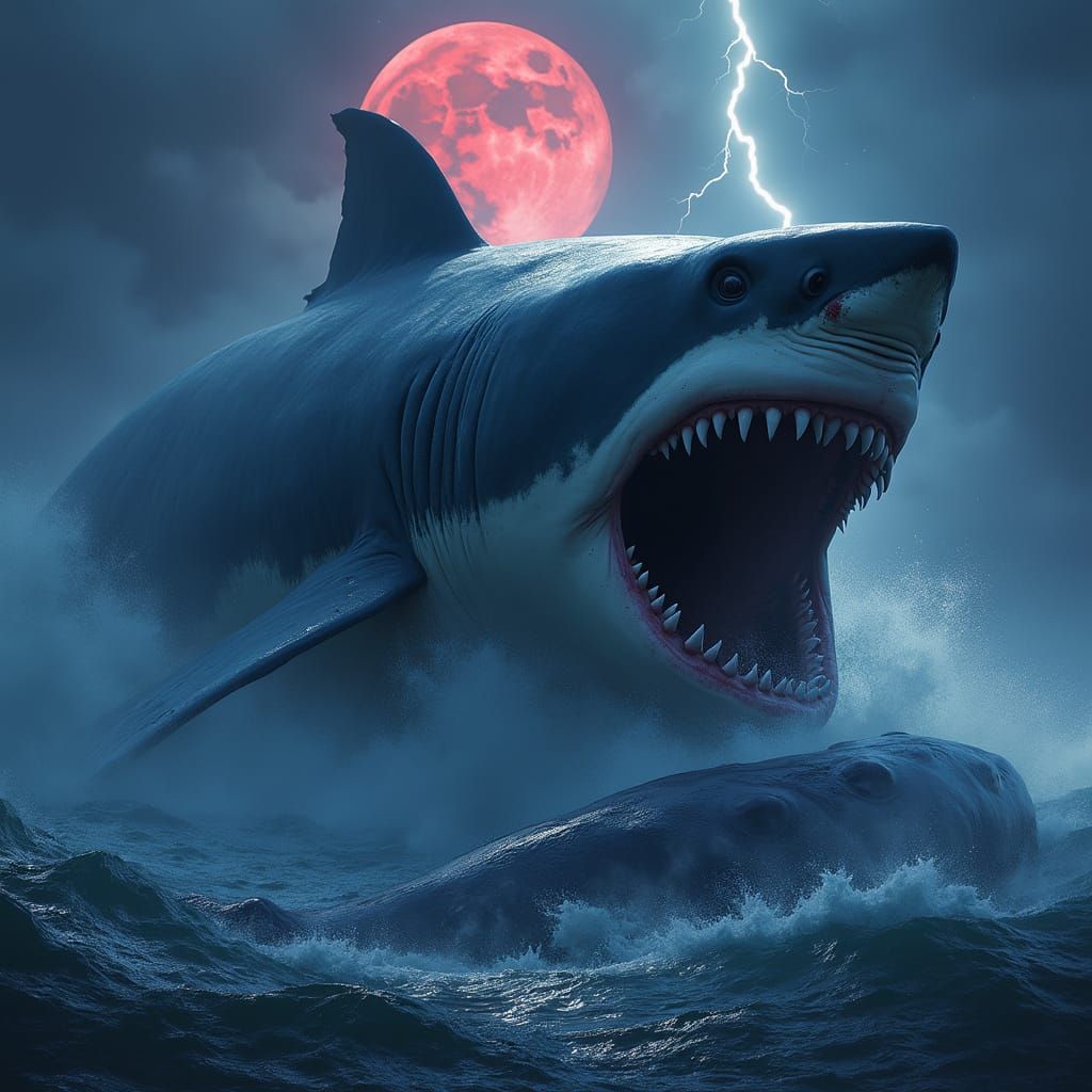 Colossal Metallic Great White Shark Dark Fantasy Scene