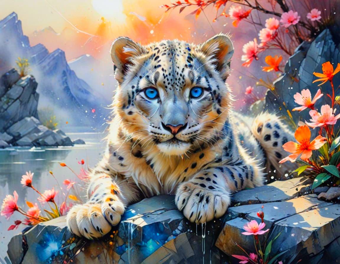 Baby Snow Leopard Cub in Misty Mountains