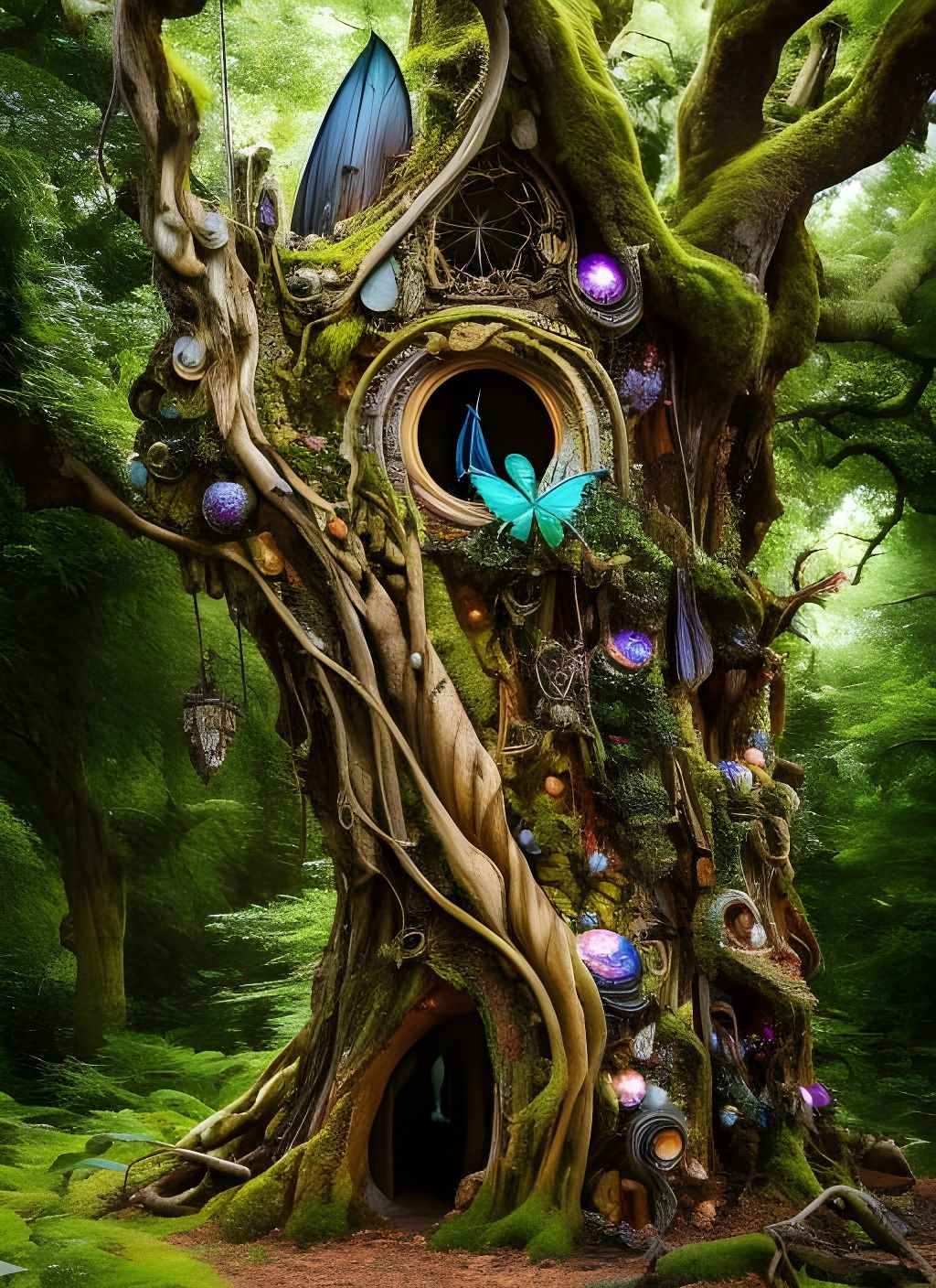 Intricate Faerie Home Inside Giant Oak, Fantasy Art