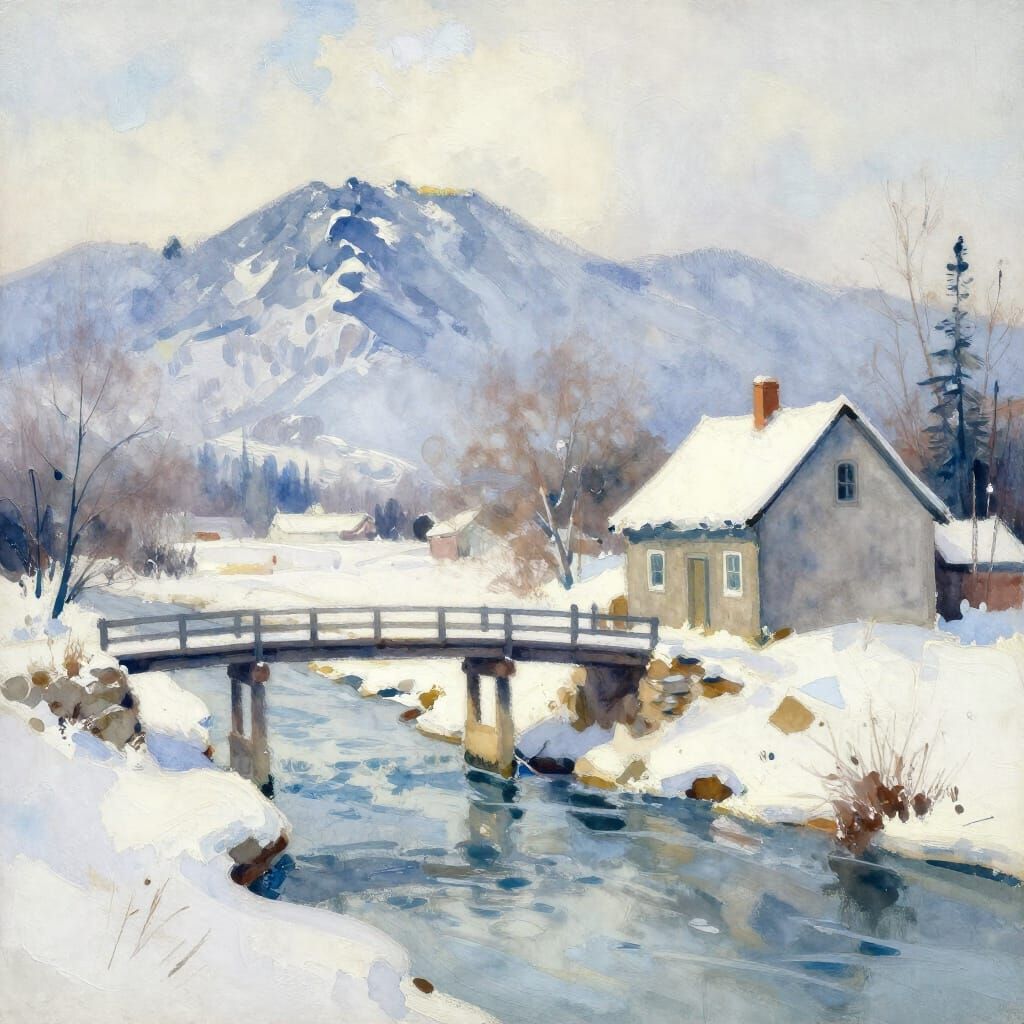 Winter Landscape with House and Bridge in Watercolor Style