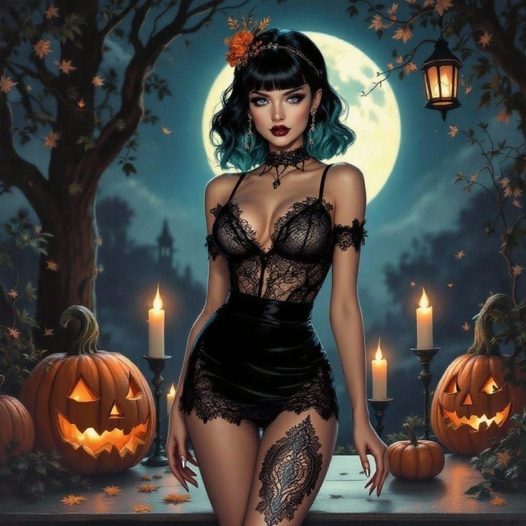 Gothic Pin-Up Woman in Solarpunk Halloween Scene