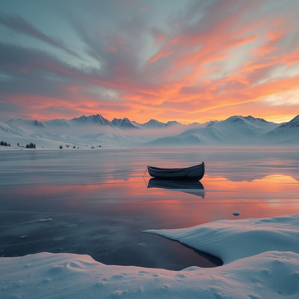 Frozen Lake Sunset with Boat: Matte Painting