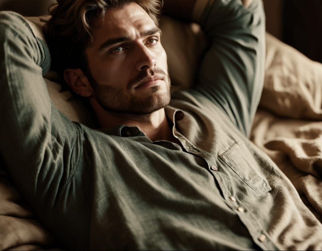 Muscular Indian Man Relaxing on Bed in Natural Light