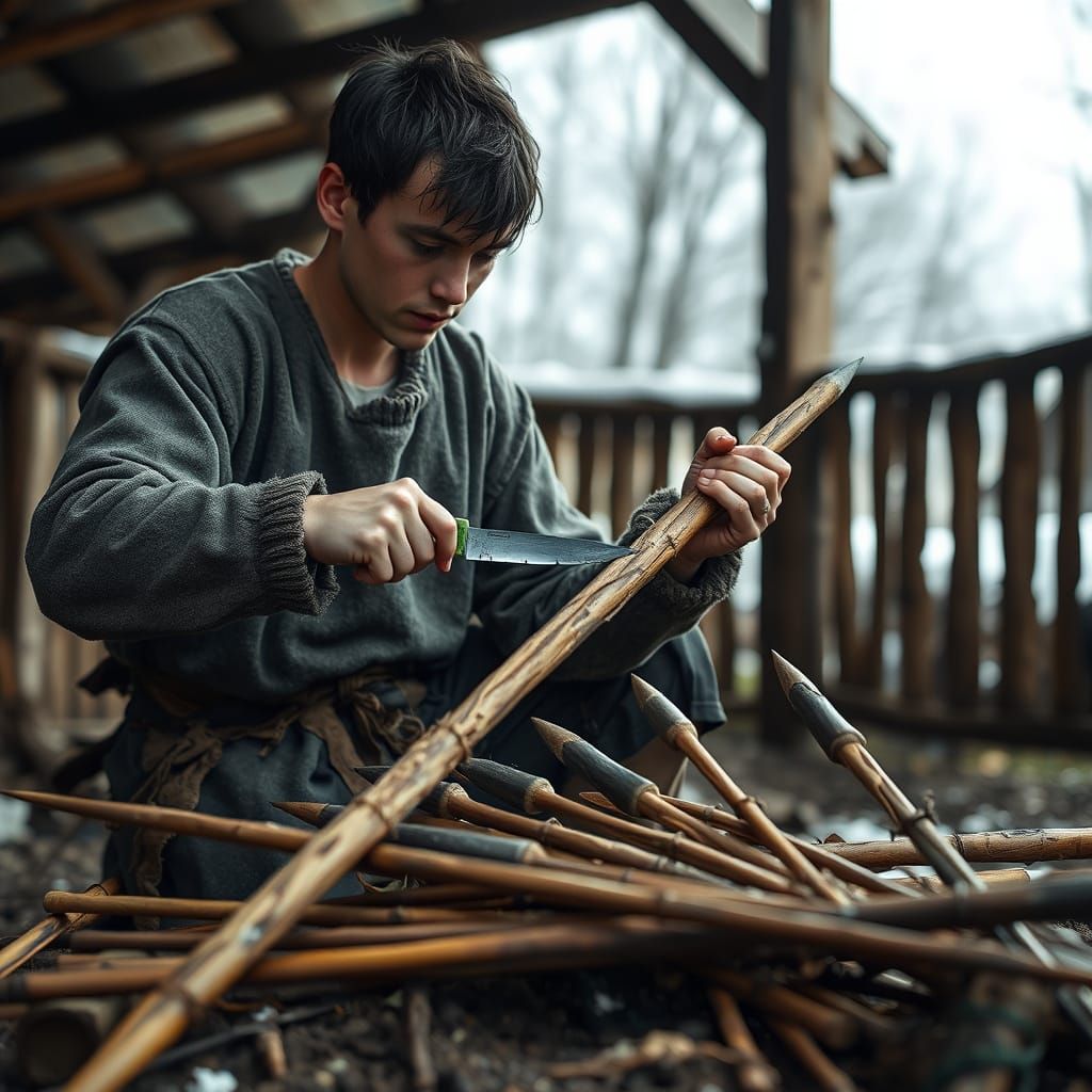 Young Hunter Prepares Hunting Spears in Medieval Winter Scen...
