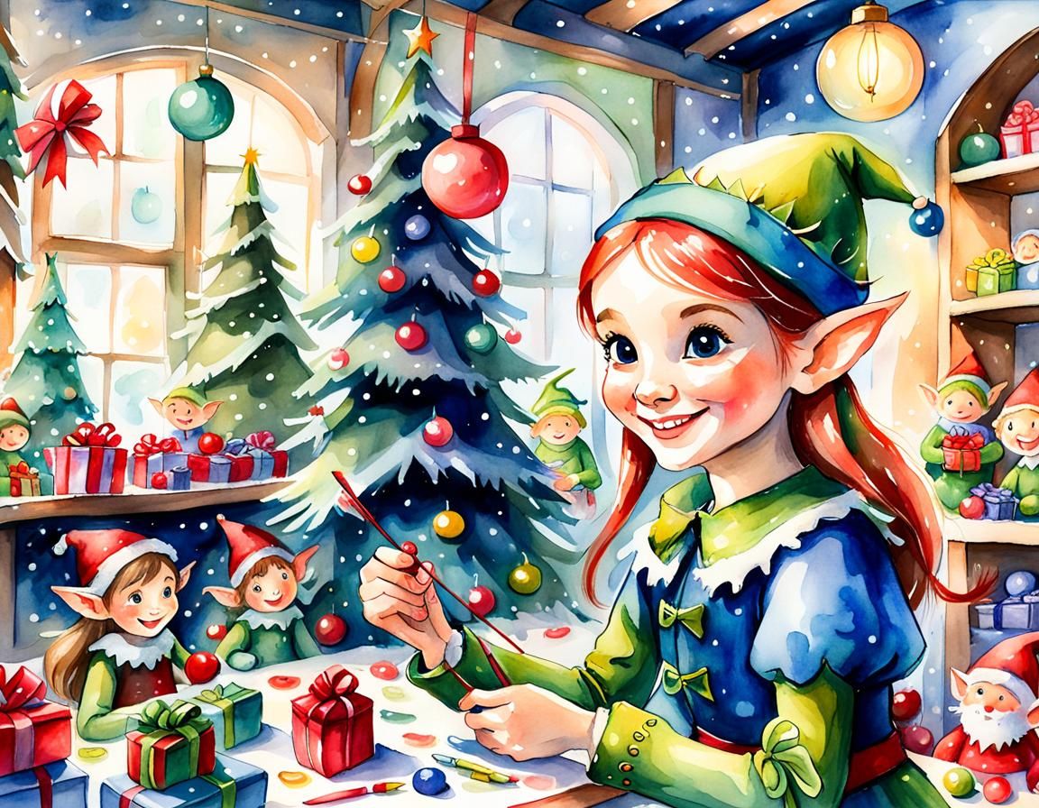Bring to life a bustling North Pole workshop with a whimsical realistic caracture of a girl elf putting a bow on toy gif...