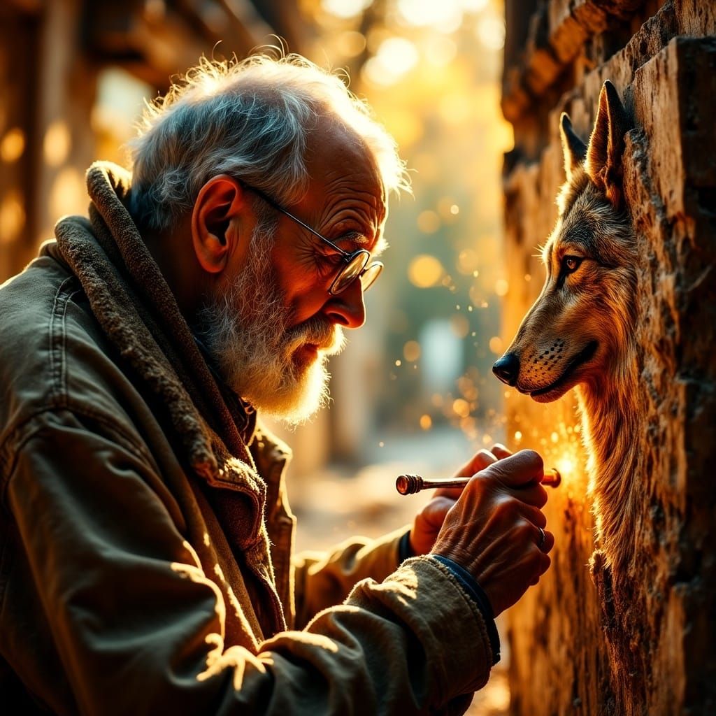 Ethereal Woodcarving of a Wolf in a Warm Sunlit Studio