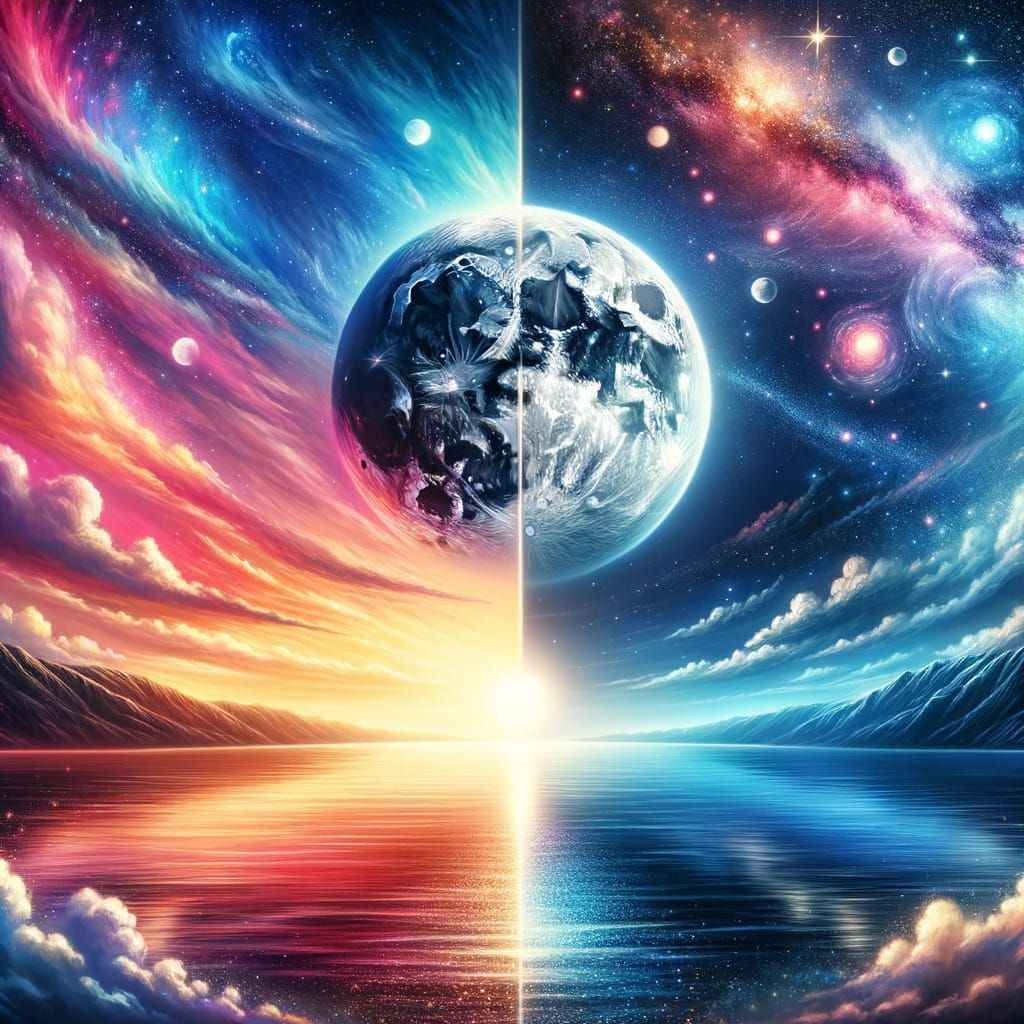 Surreal Cosmic Divide: Sunset and Full Moon Converge Over Ma...