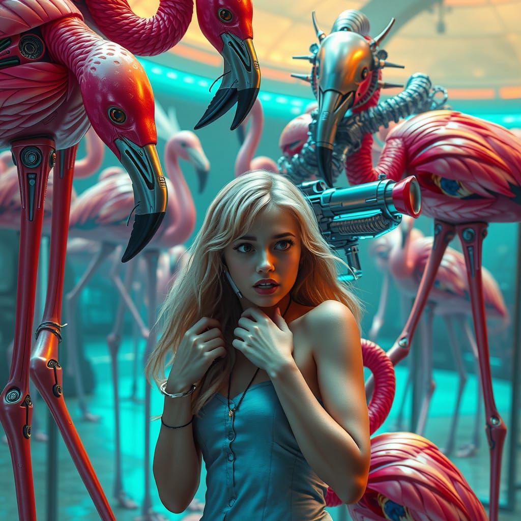 Surreal, Cyberpunk-Style Teenage Girl Faces Robot-Flamingo H...