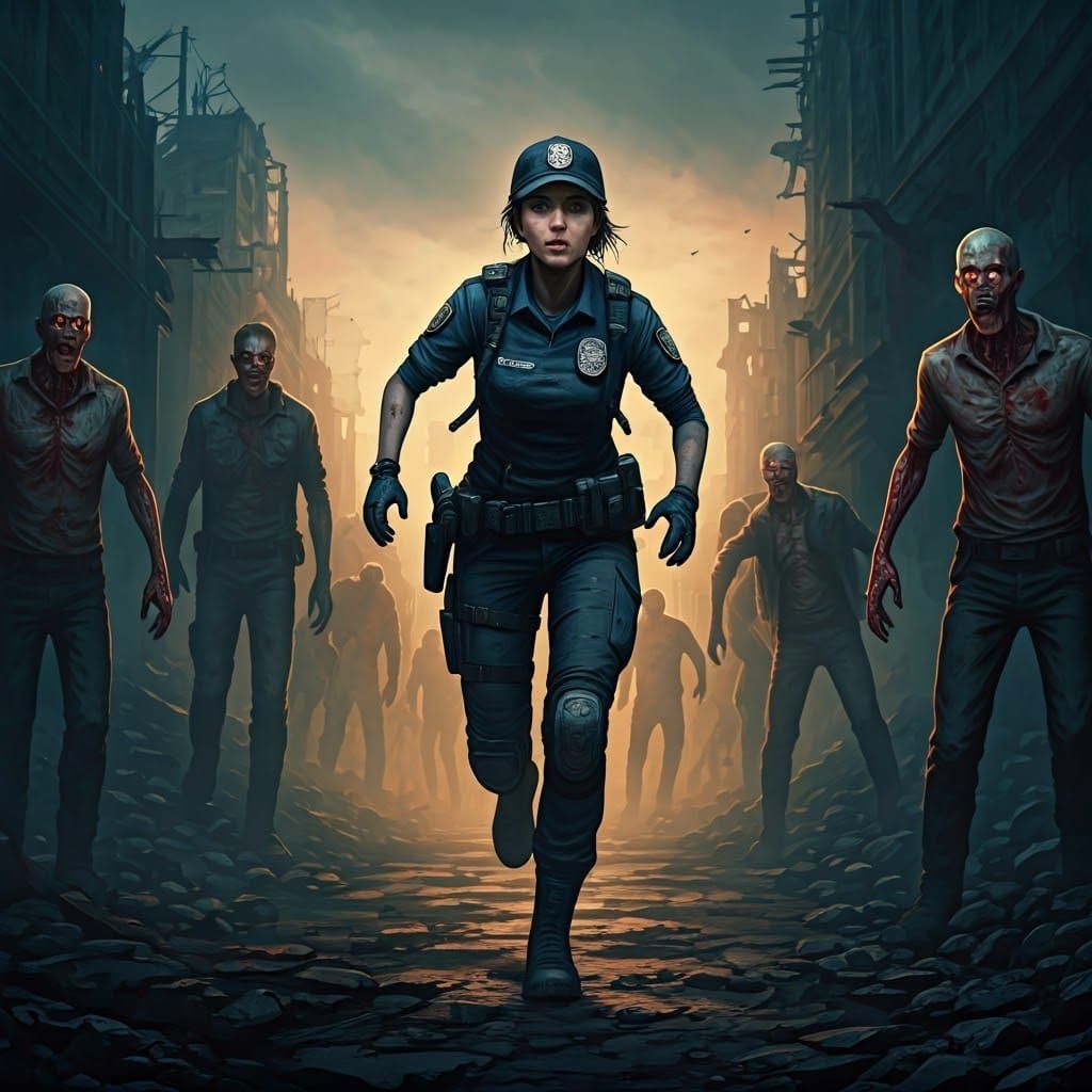 Police Officer Running from Zombies in Dystopian Cityscape