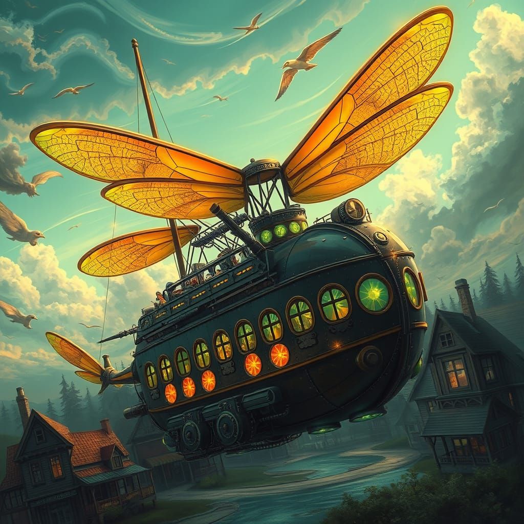 Steampunk Dragonfly Airship Docks, Syd Mead Style