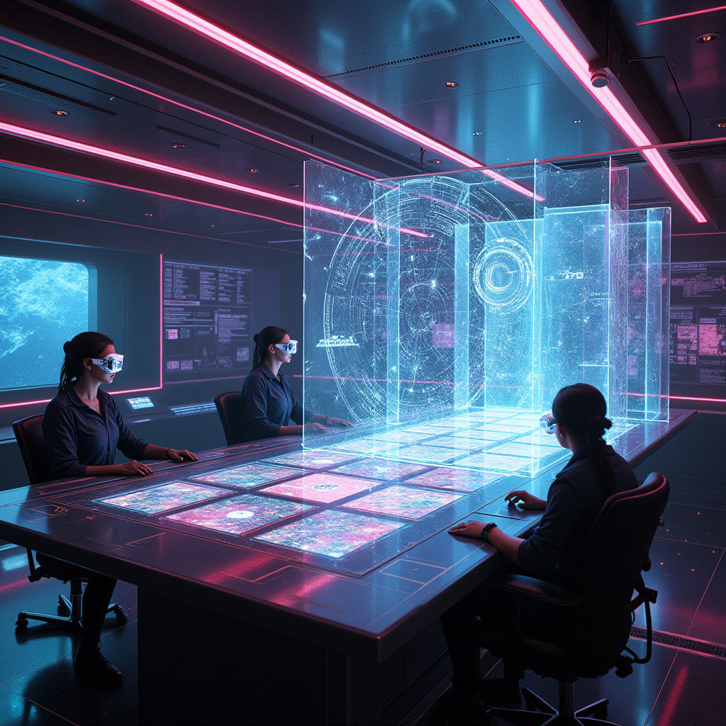 Futuristic Neon Time Travel Control Center in Cyberpunk Styl...
