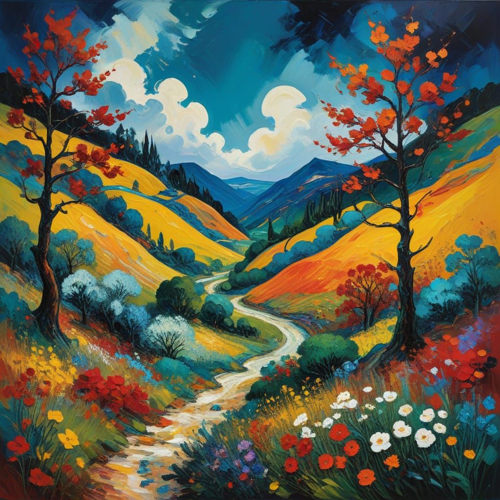 Vibrant Maximalist Landscape with Kaleidoscopic Sky and Text...