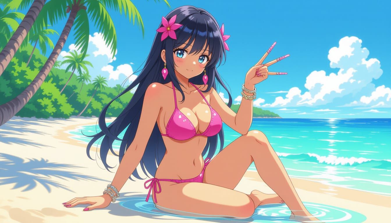 Anime Girl with Longest Nails on Tropical Beach