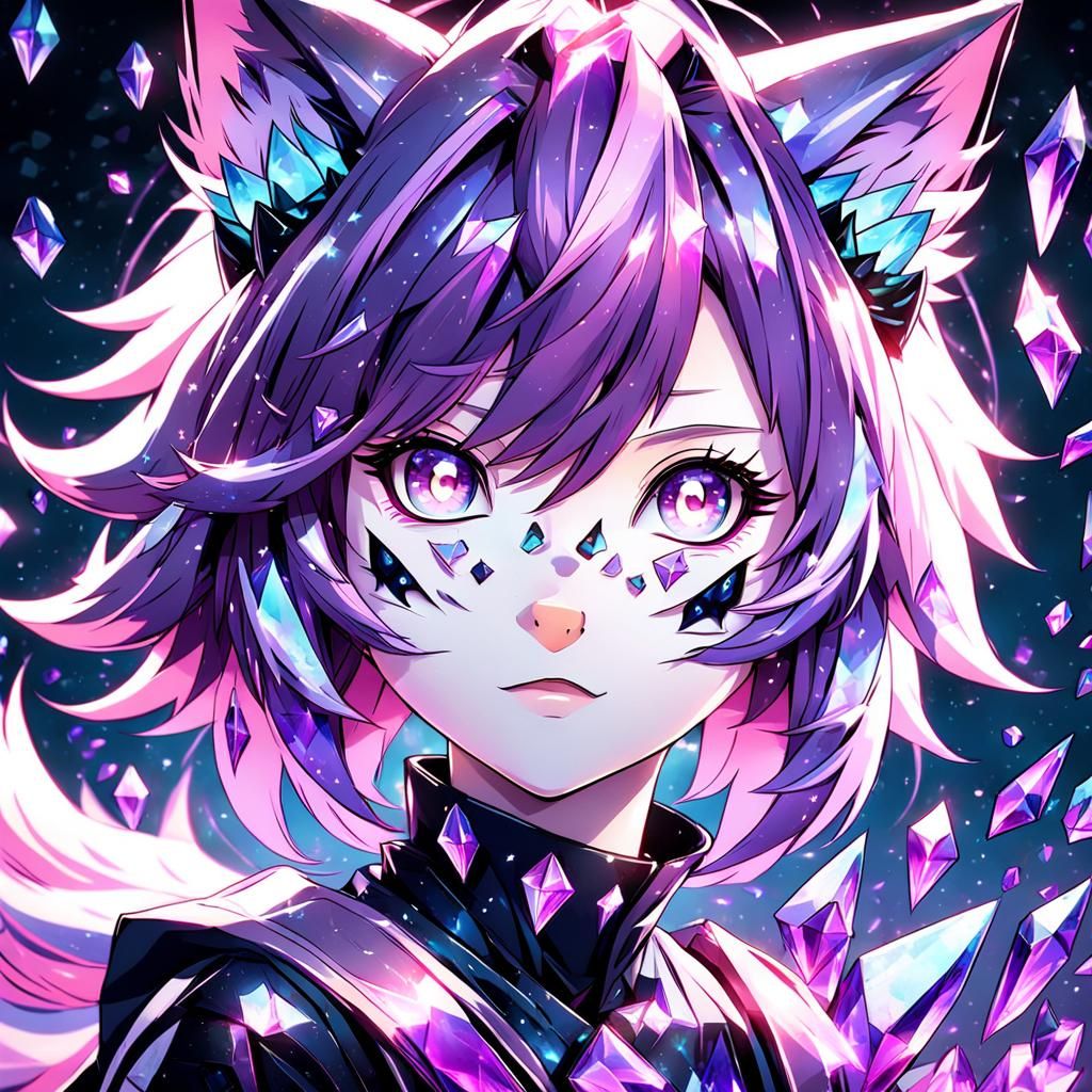 Anime Cat Girl with Crystals in Manga Style