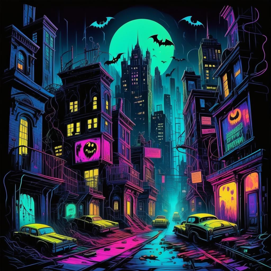 Neon Horror: Gotham City in Tim Burton Style