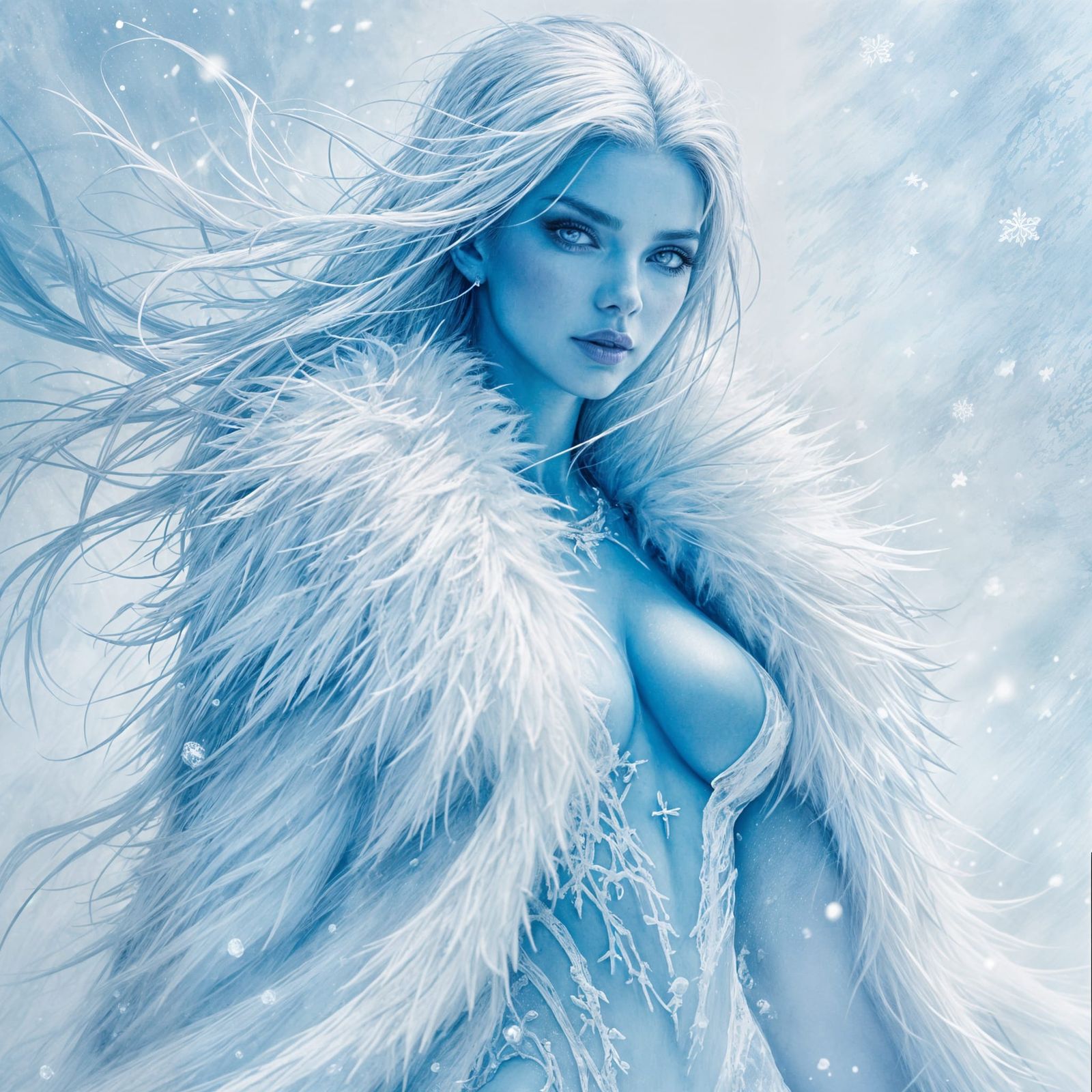 Ice Woman in Fur Gown in Dungeons and Dragons Style