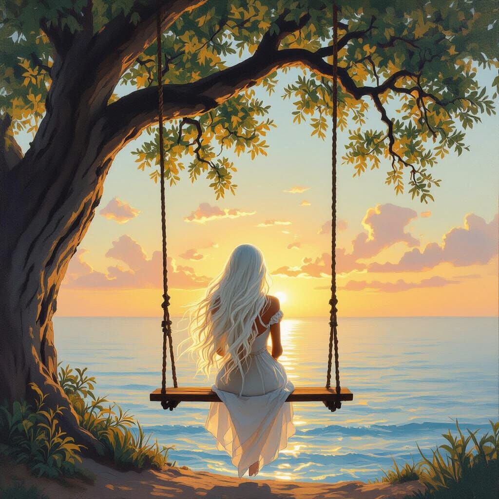 Woman on Swing Over Ocean at Golden Hour